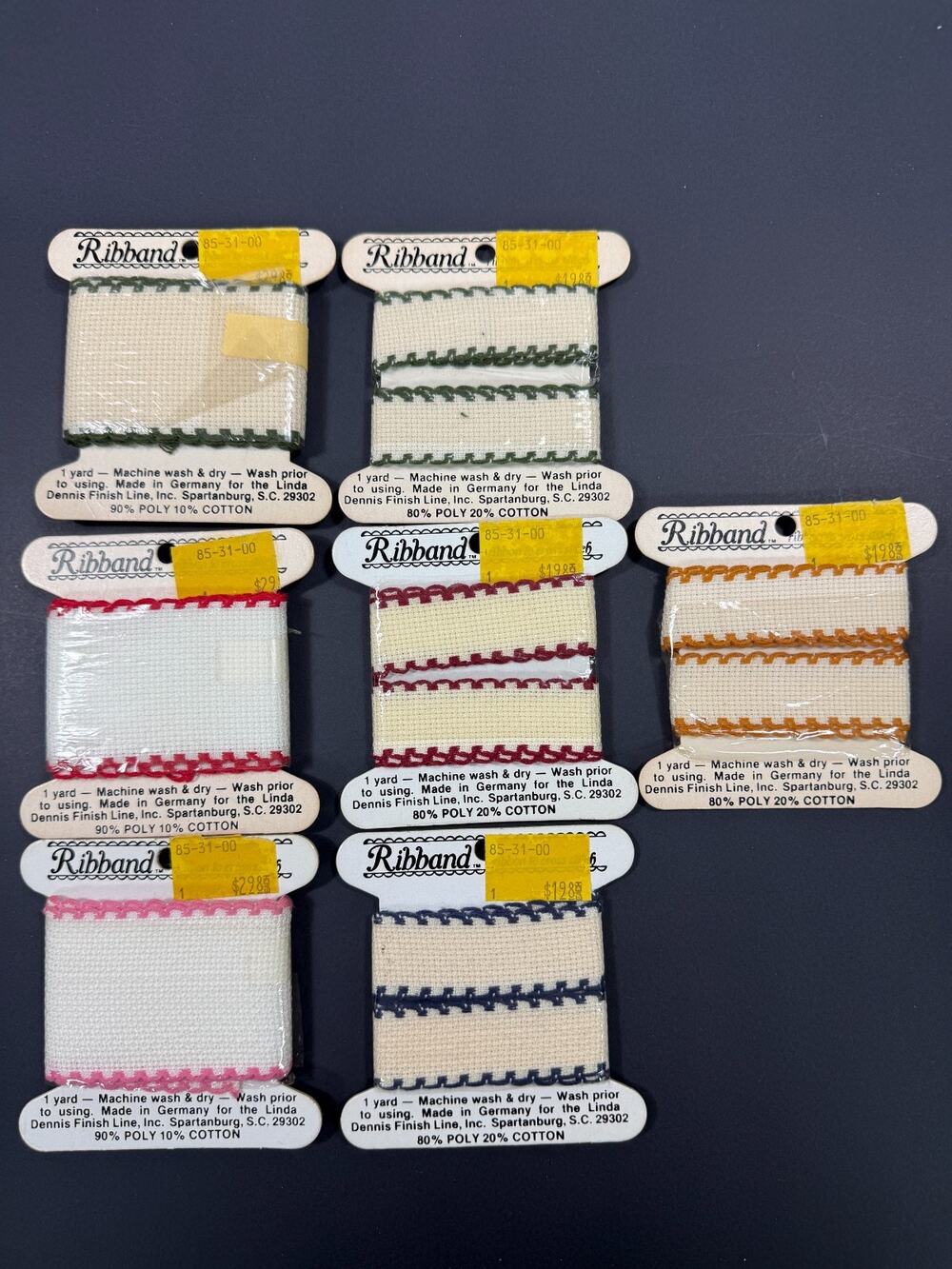 Vintage Ribband Aida Cross Stitch Ribbon Trim Lot 7 Cards Made in Germany 7 Yds